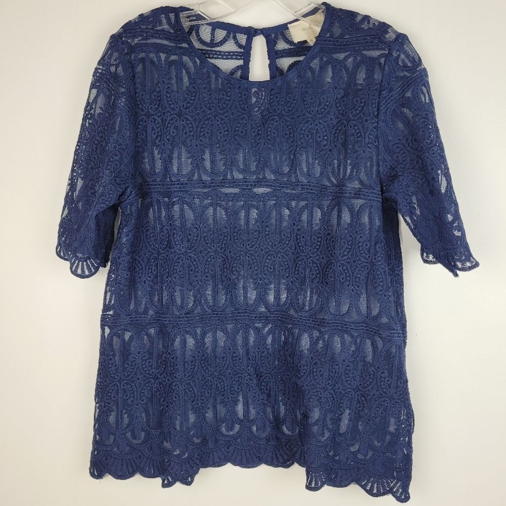 Anthropologie En Elle navy sheer lace top short sleeves crew neck fancy fairy 6 - Picture 3 of 8